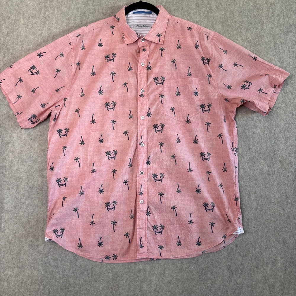 Tommy Bahama Button Up Shirt Mens Large Pink Palm Tree Hammock Print